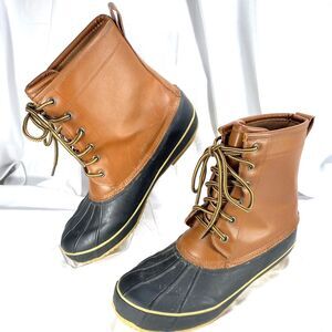 Merona Duck Boots Womens Size 8 Coated Leather Lined Tan Brown Lace Up RN17730
